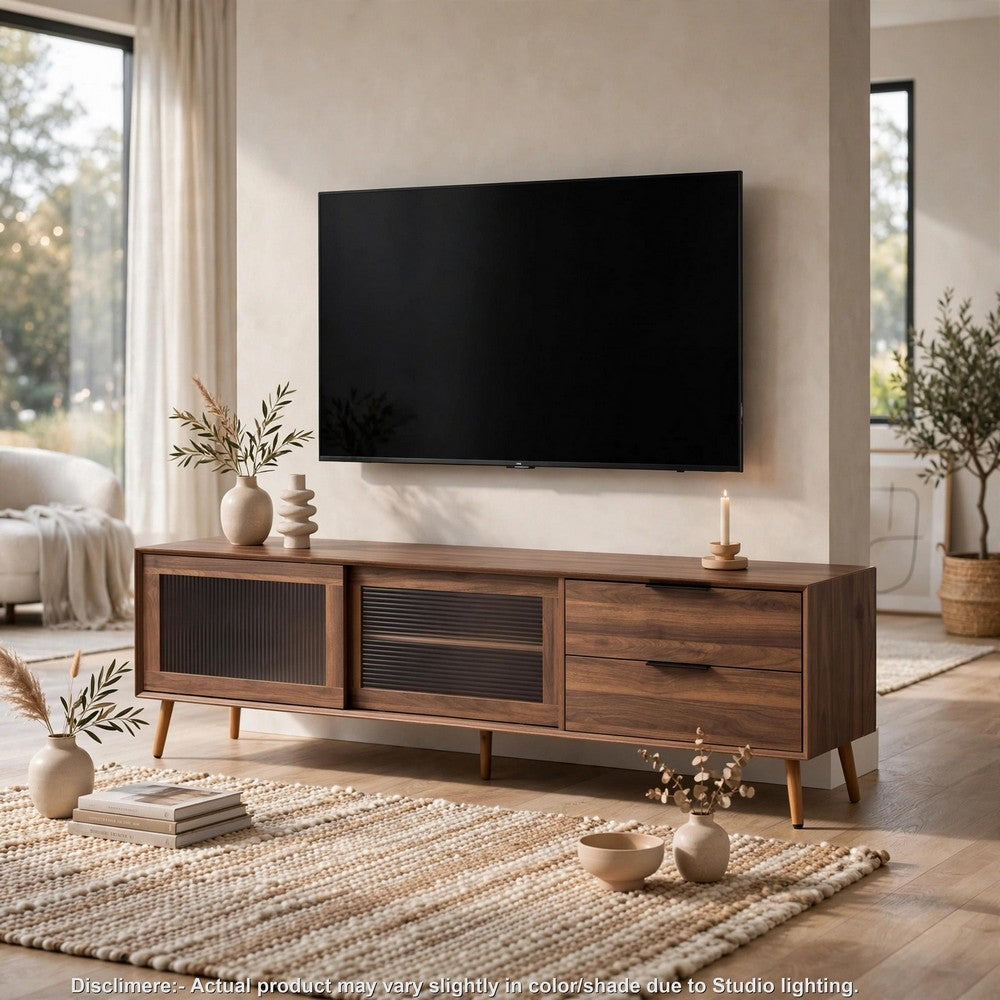 TV Media Cabinet, Fluted Glass Doors, 2 Drawers, Walnut Brown 71 Inch - BM355200