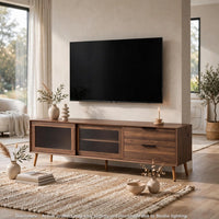 TV Media Cabinet, Fluted Glass Doors, 2 Drawers, Walnut Brown 71 Inch - BM355200