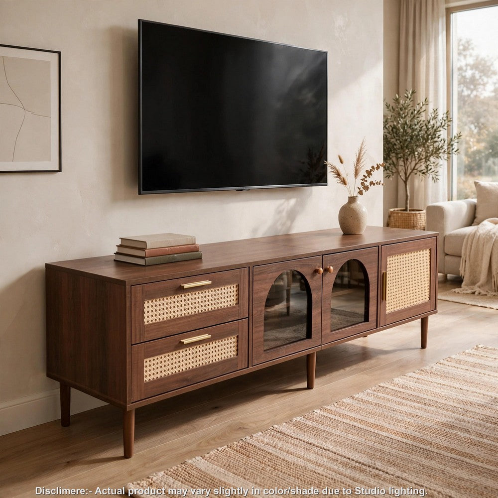 TV Media Cabinet w LED, Music Mode, Arch Glass Doors, Dark Brown 71 Inch - BM355202
