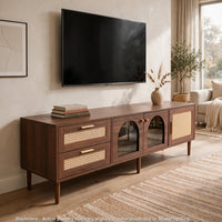 TV Media Cabinet w LED, Music Mode, Arch Glass Doors, Dark Brown 71 Inch - BM355202