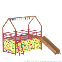Zeso Kids Twin Loft Bed, House Design, Slide and Curtain, Gold and Red - BM355206