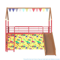 Zeso Kids Twin Loft Bed, House Design, Slide and Curtain, Gold and Red - BM355206