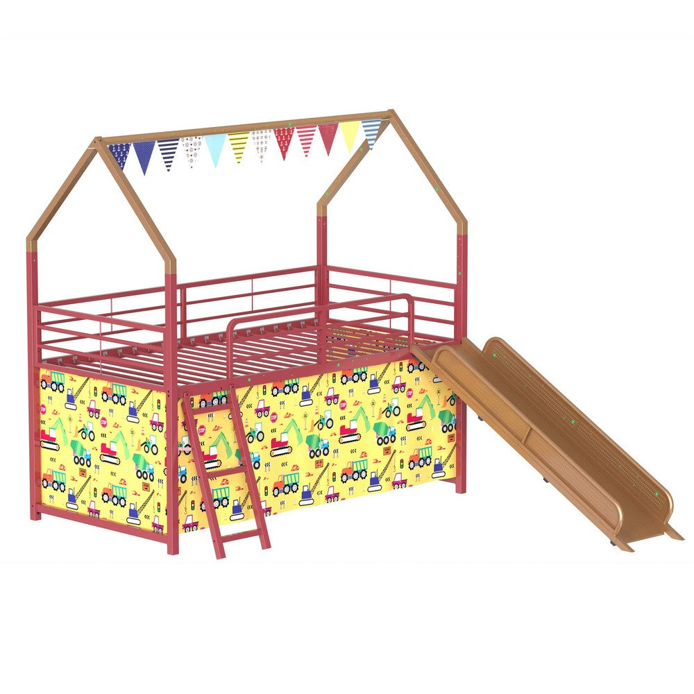 Zeso Kids Twin Loft Bed, House Design, Slide and Curtain, Gold and Red - BM355206