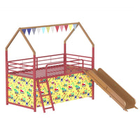 Zeso Kids Twin Loft Bed, House Design, Slide and Curtain, Gold and Red - BM355206