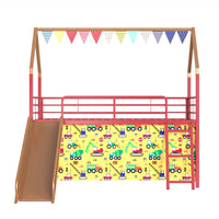 Zeso Kids Twin Loft Bed, House Design, Slide and Curtain, Gold and Red - BM355206