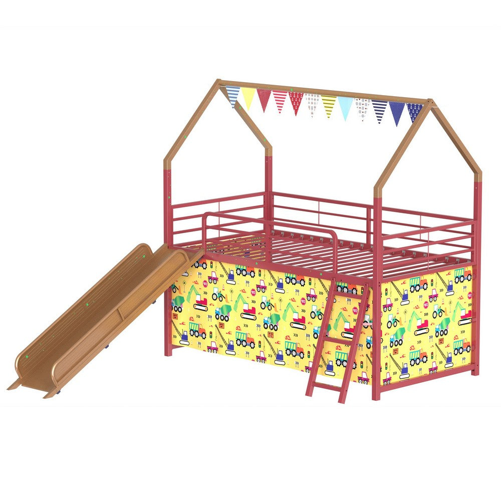 Zeso Kids Twin Loft Bed, House Design, Slide and Curtain, Gold and Red - BM355206