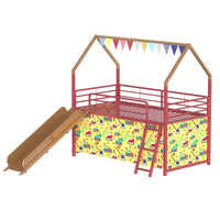 Zeso Kids Twin Loft Bed, House Design, Slide and Curtain, Gold and Red - BM355206