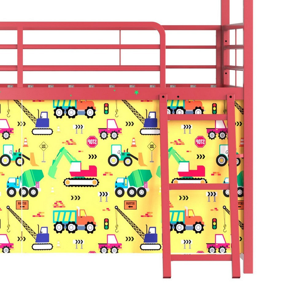 Zeso Kids Twin Loft Bed, House Design, Slide and Curtain, Gold and Red - BM355206