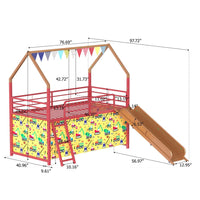 Zeso Kids Twin Loft Bed, House Design, Slide and Curtain, Gold and Red - BM355206