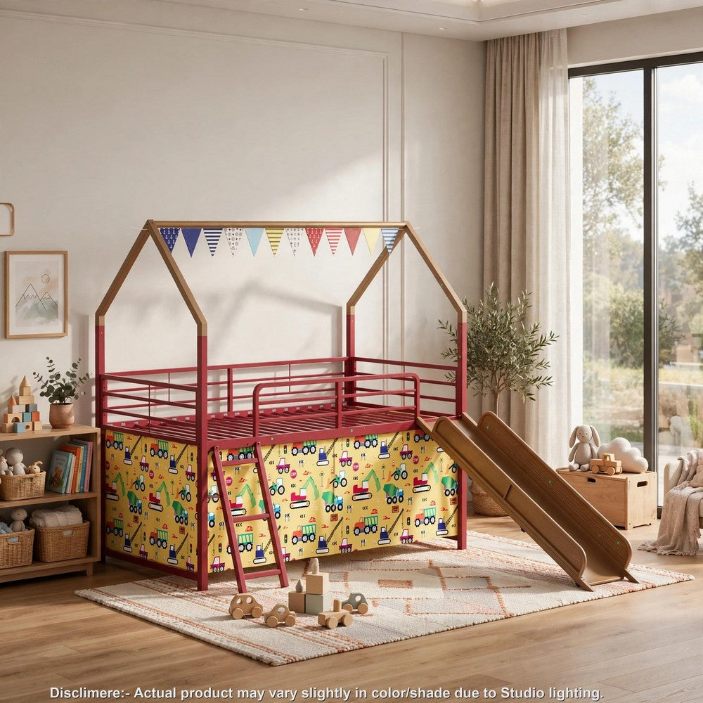 Zeso Kids Twin Loft Bed, House Design, Slide and Curtain, Gold and Red - BM355206
