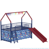 Zeso Kids Twin Loft Bed, House Design, Slide and Curtain, Navy Blue and Red - BM355207