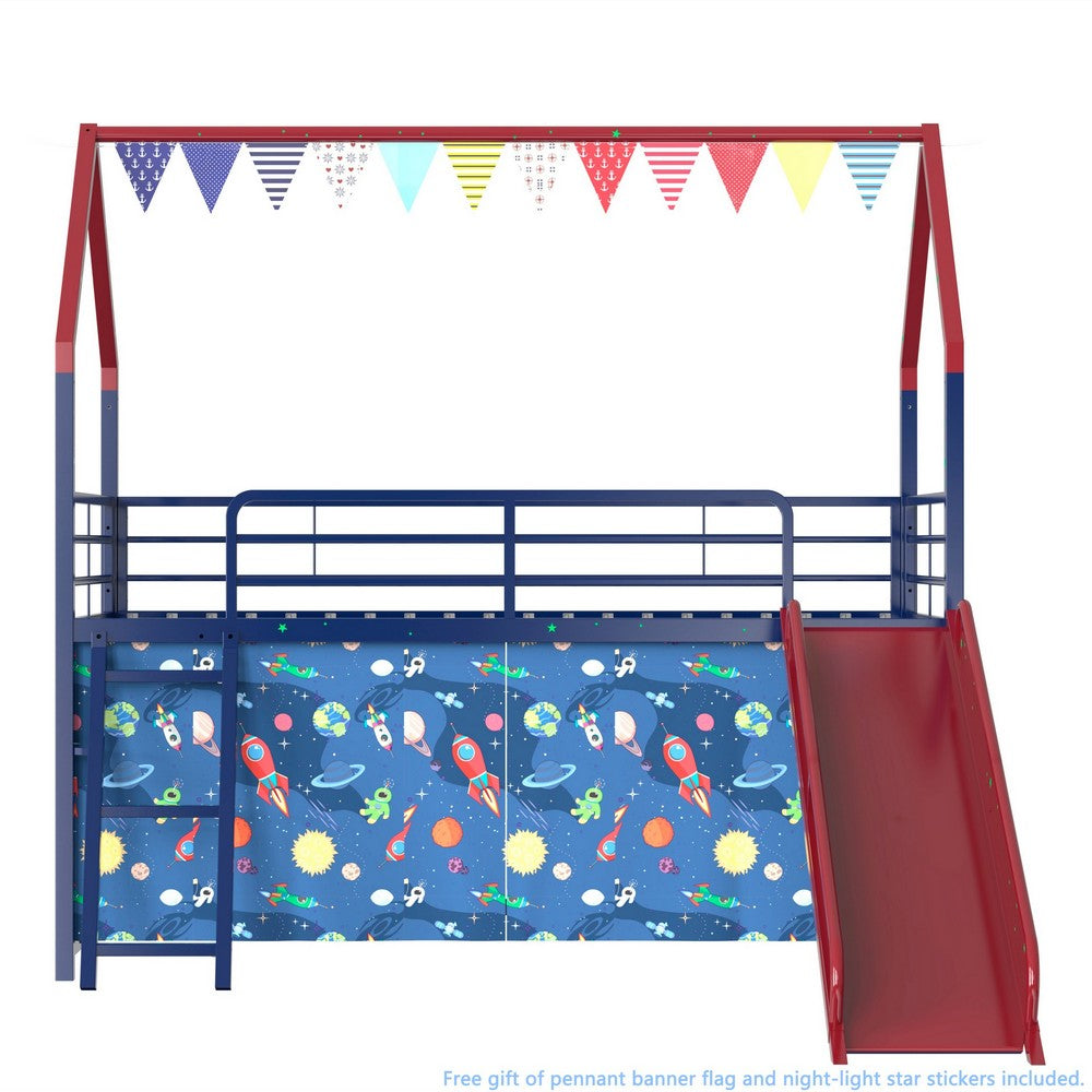 Zeso Kids Twin Loft Bed, House Design, Slide and Curtain, Navy Blue and Red - BM355207