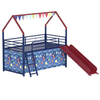Zeso Kids Twin Loft Bed, House Design, Slide and Curtain, Navy Blue and Red - BM355207