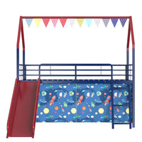 Zeso Kids Twin Loft Bed, House Design, Slide and Curtain, Navy Blue and Red - BM355207