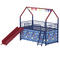Zeso Kids Twin Loft Bed, House Design, Slide and Curtain, Navy Blue and Red - BM355207