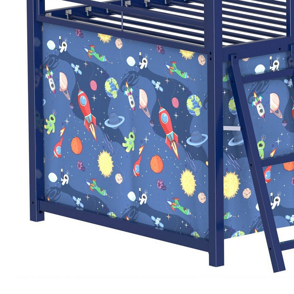 Zeso Kids Twin Loft Bed, House Design, Slide and Curtain, Navy Blue and Red - BM355207