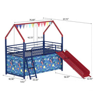 Zeso Kids Twin Loft Bed, House Design, Slide and Curtain, Navy Blue and Red - BM355207