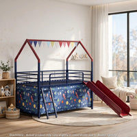 Zeso Kids Twin Loft Bed, House Design, Slide and Curtain, Navy Blue and Red - BM355207