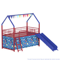 Zeso Kids Twin Loft Bed, House Design, Navy Blue and Red, Slide and Curtain - BM355208
