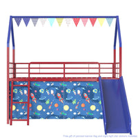 Zeso Kids Twin Loft Bed, House Design, Navy Blue and Red, Slide and Curtain - BM355208