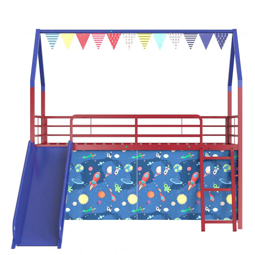 Zeso Kids Twin Loft Bed, House Design, Navy Blue and Red, Slide and Curtain - BM355208