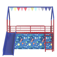 Zeso Kids Twin Loft Bed, House Design, Navy Blue and Red, Slide and Curtain - BM355208