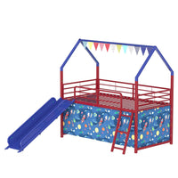 Zeso Kids Twin Loft Bed, House Design, Navy Blue and Red, Slide and Curtain - BM355208