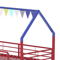Zeso Kids Twin Loft Bed, House Design, Navy Blue and Red, Slide and Curtain - BM355208