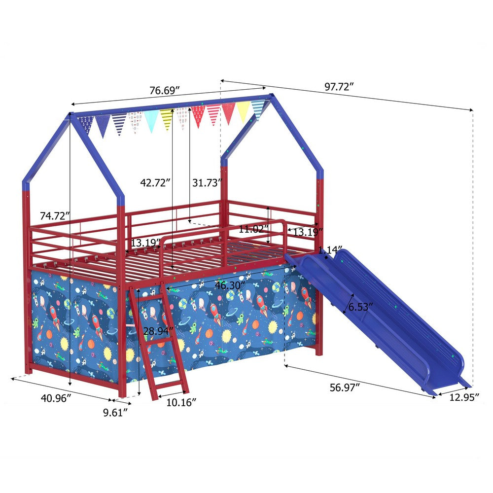 Zeso Kids Twin Loft Bed, House Design, Navy Blue and Red, Slide and Curtain - BM355208