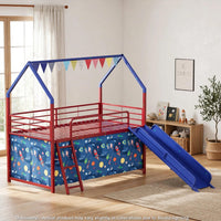 Zeso Kids Twin Loft Bed, House Design, Navy Blue and Red, Slide and Curtain - BM355208