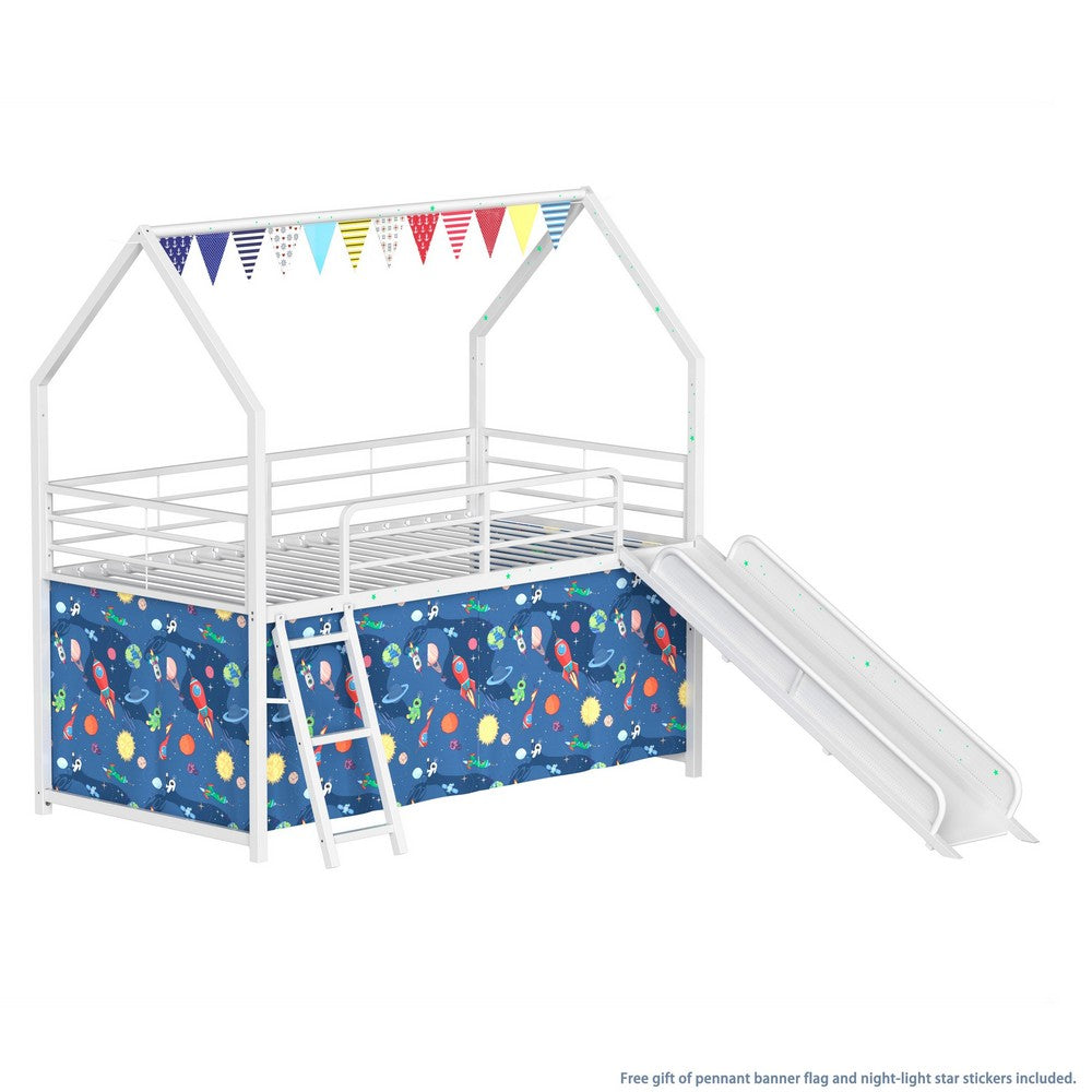 Zeso Kids Twin Loft Bed, House Design, Blue and White, Slide and Curtain - BM355209