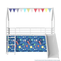 Zeso Kids Twin Loft Bed, House Design, Blue and White, Slide and Curtain - BM355209