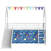 Zeso Kids Twin Loft Bed, House Design, Blue and White, Slide and Curtain - BM355209