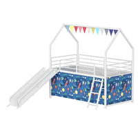 Zeso Kids Twin Loft Bed, House Design, Blue and White, Slide and Curtain - BM355209