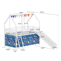 Zeso Kids Twin Loft Bed, House Design, Blue and White, Slide and Curtain - BM355209