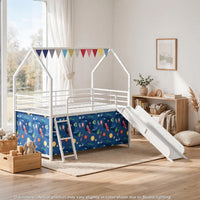 Zeso Kids Twin Loft Bed, House Design, Blue and White, Slide and Curtain - BM355209