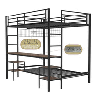 Eso Full Over Twin Bunk Bed, Desk, Storage Shelves, Black Metal, Cinnamon Oak - BM355211