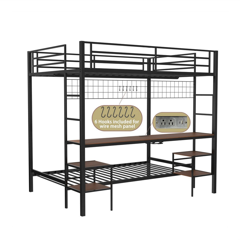 Eso Full Over Twin Bunk Bed, Desk, Storage Shelves, Black Metal, Cinnamon Oak - BM355211
