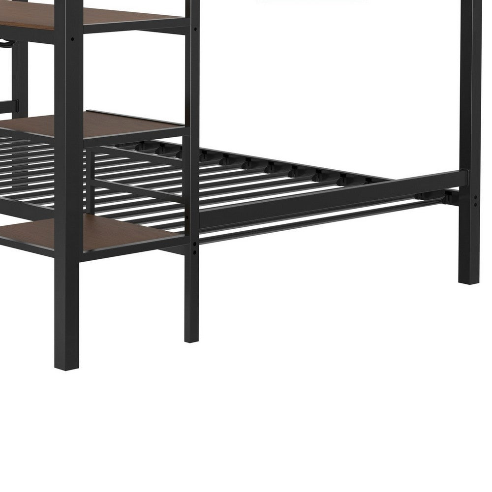Eso Full Over Twin Bunk Bed, Desk, Storage Shelves, Black Metal, Cinnamon Oak - BM355211