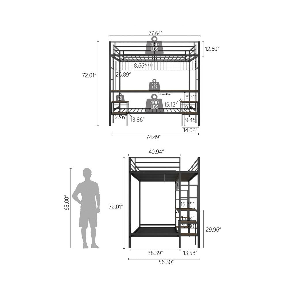 Eso Full Over Twin Bunk Bed, Desk, Storage Shelves, Black Metal, Cinnamon Oak - BM355211