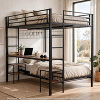 Eso Full Over Twin Bunk Bed, Desk, Storage Shelves, Black Metal, Cinnamon Oak - BM355211