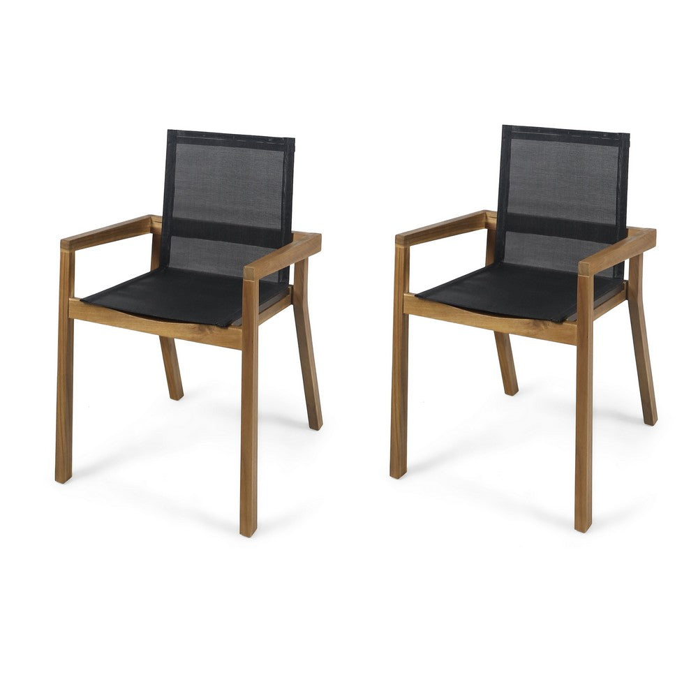 Feso Dining Chair Set of 2, Gray Mesh Seat, Brown Teak Wood Frame - BM355217