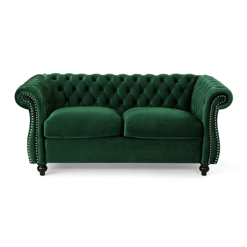 Chesterfield Loveseat, Tufted Velvet, Rolled Arms, Emerald Green, 62 Inch - BM355220