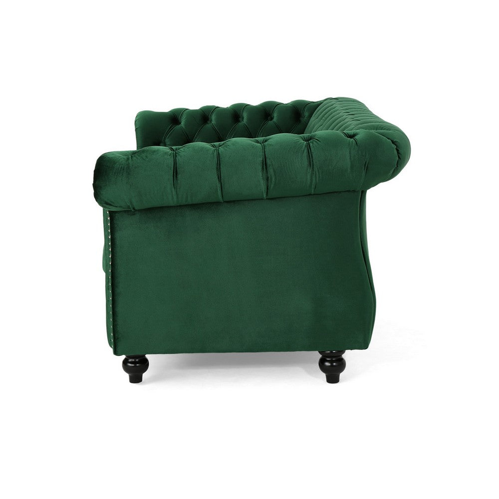 Chesterfield Loveseat, Tufted Velvet, Rolled Arms, Emerald Green, 62 Inch - BM355220