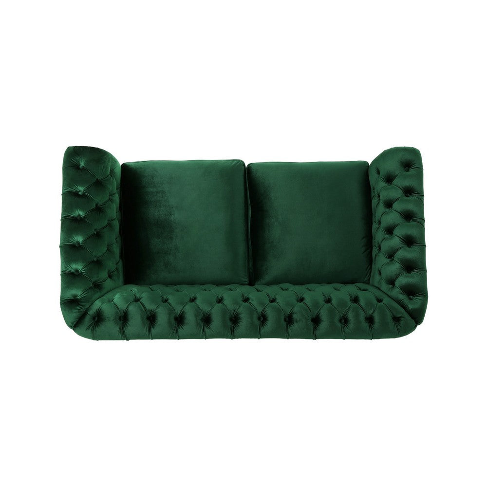 Chesterfield Loveseat, Tufted Velvet, Rolled Arms, Emerald Green, 62 Inch - BM355220