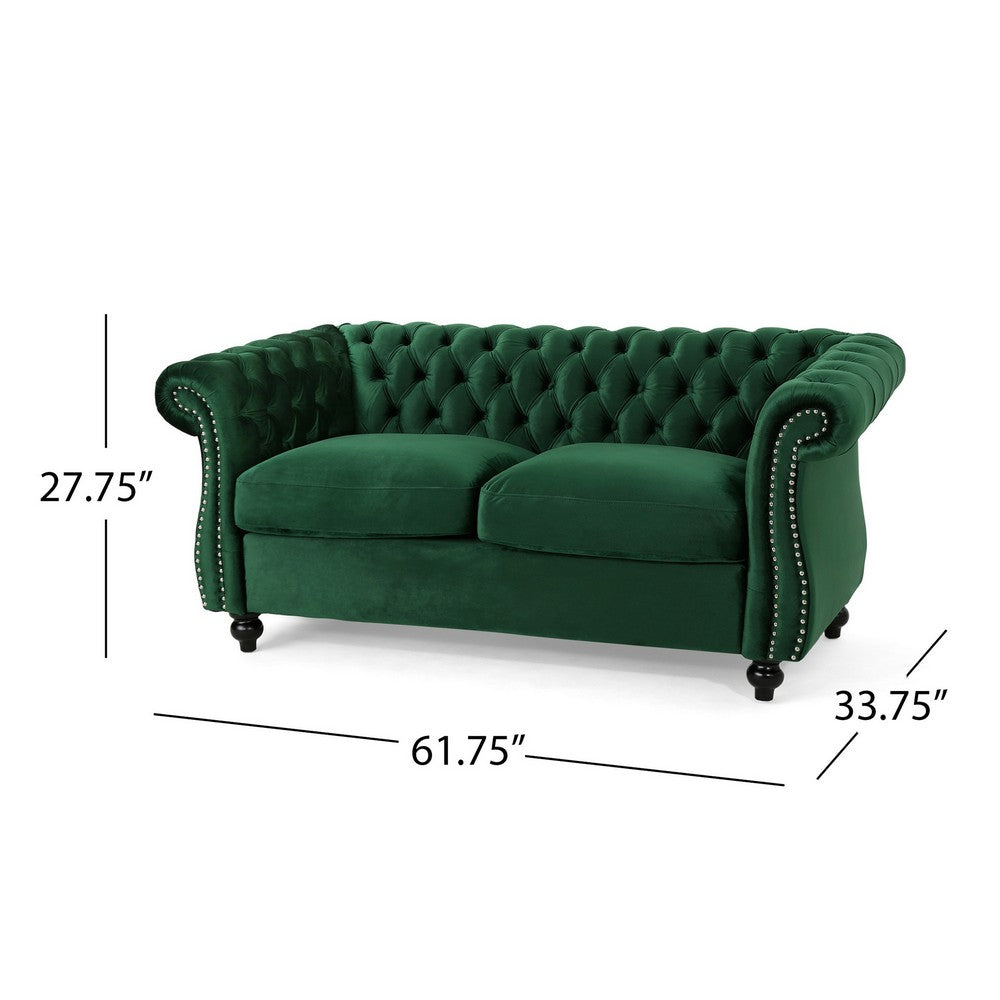 Chesterfield Loveseat, Tufted Velvet, Rolled Arms, Emerald Green, 62 Inch - BM355220