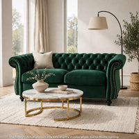 Chesterfield Loveseat, Tufted Velvet, Rolled Arms, Emerald Green, 62 Inch - BM355220