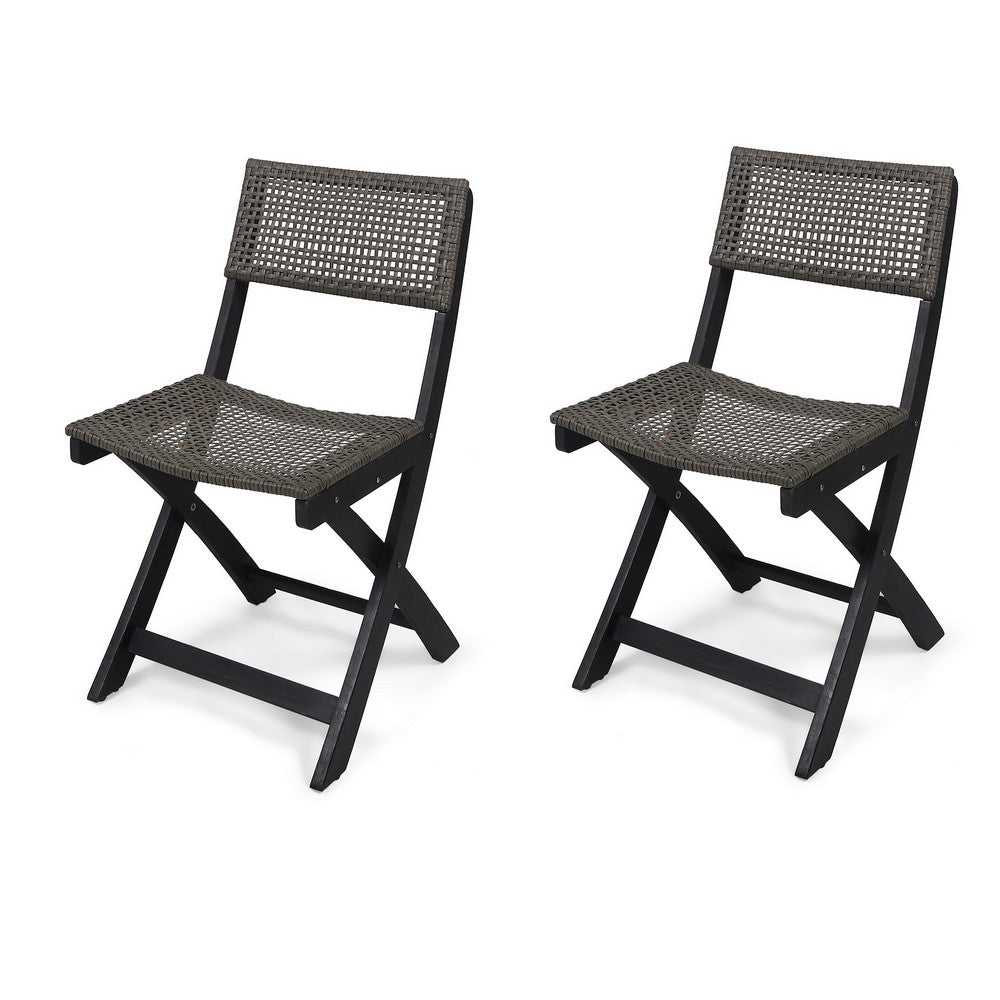 Neso Outdoor Bistro Chair Set of 2, Foldable Wicker Woven, Gray and Brown - BM355222
