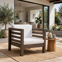 Carie Outdoor Club Chair, White Fabric Cushions, Slatted Frame, Gray Wood - BM355228