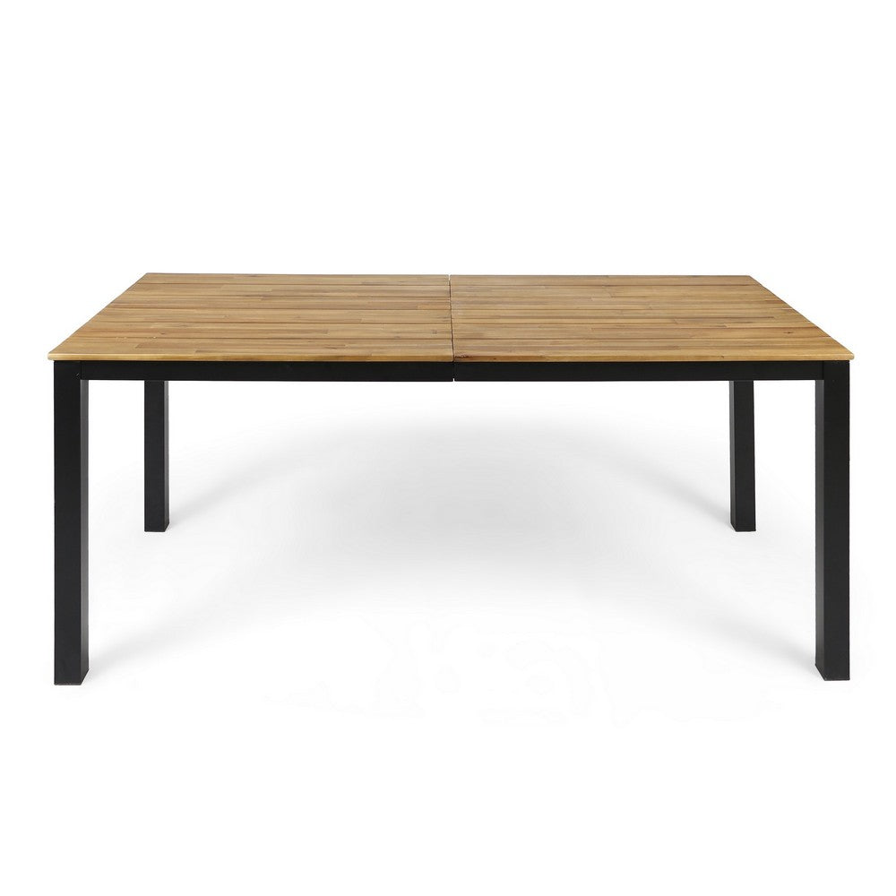 Outdoor Dining Table, Slatted Rectangular Top, Black Iron, Brown 71 Inch - BM355229